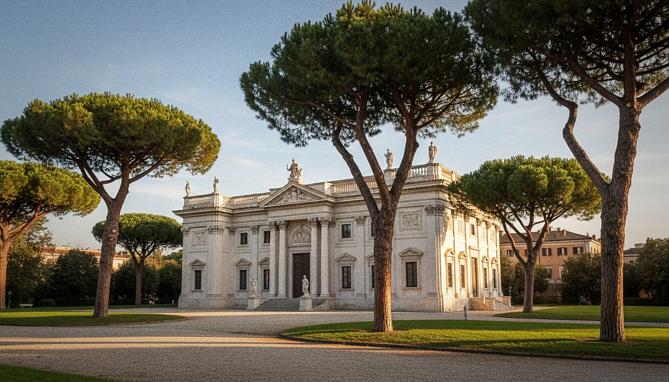 Baroque gallery building of Galleria Borghese seen among umbrella pines in the Villa Borghese park